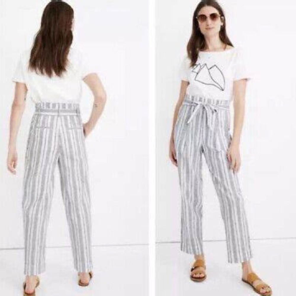 Madewell Linen-Cotton Paperbag Pants in Dark Baltic Navy Stripe 6